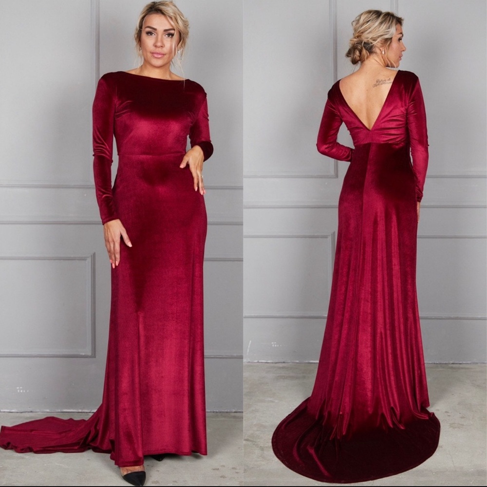 Emerald Green Velvet Dress with Train, Deep Back Velvet Dress